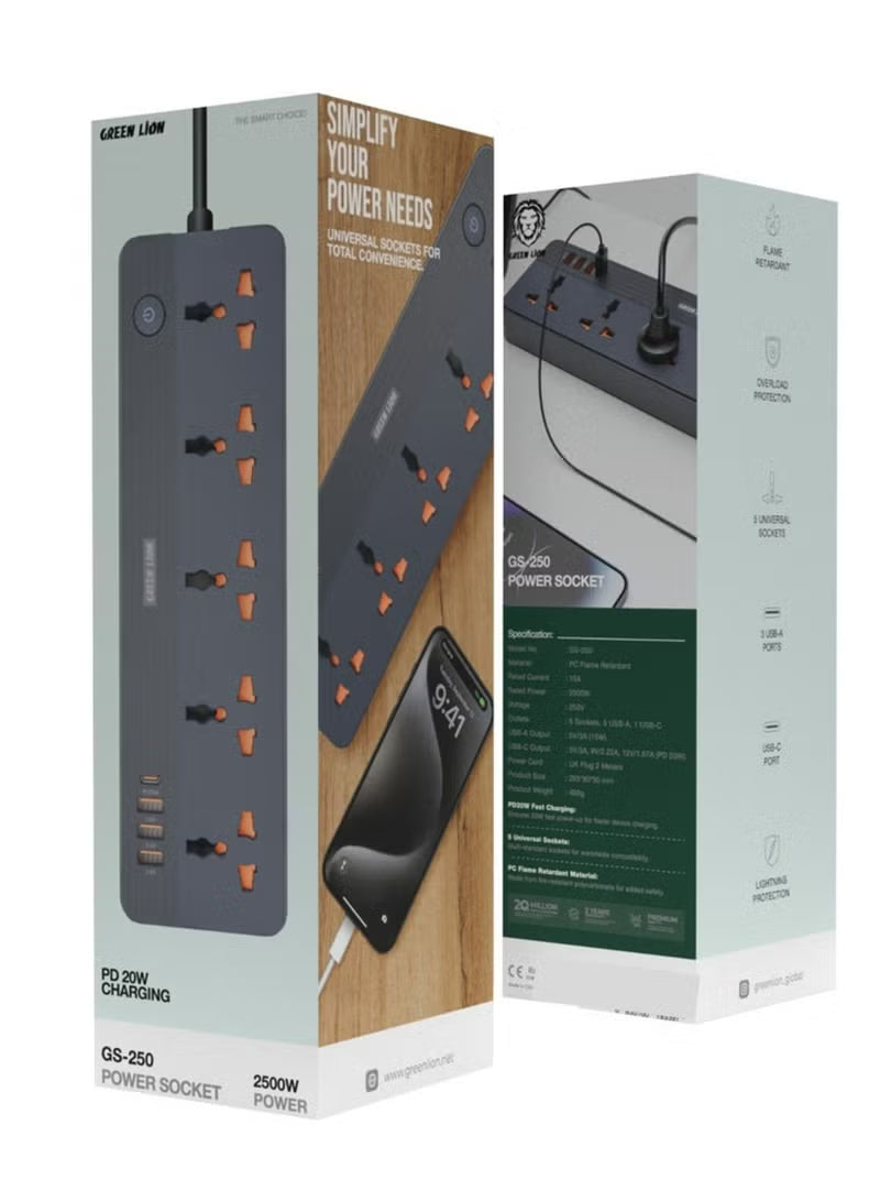 GS-250 Power Socket 2500W, Fast Charging, Lightning &amp; Overload Protection, UK Plug 2M Power Cord, Flame Retardant, Simultaneously Charging, 4 USB ports, 5 AC plugs, 250V Voltage