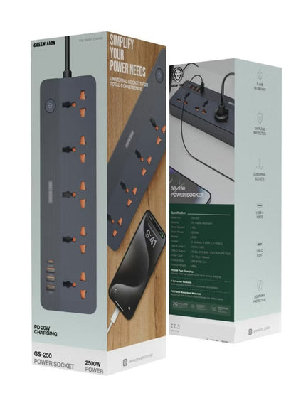 GS-250 Power Socket 2500W, Fast Charging, Lightning &amp; Overload Protection, UK Plug 2M Power Cord, Flame Retardant, Simultaneously Charging, 4 USB ports, 5 AC plugs, 250V Voltage